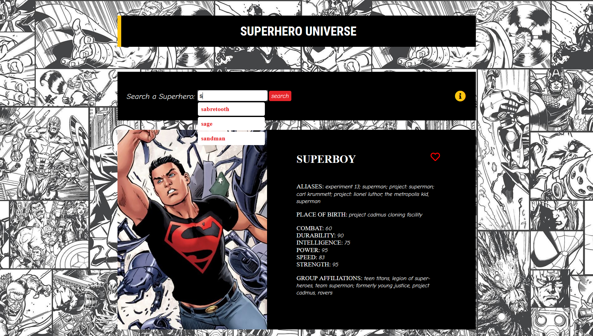 Preview of project superHeroUniverse UI